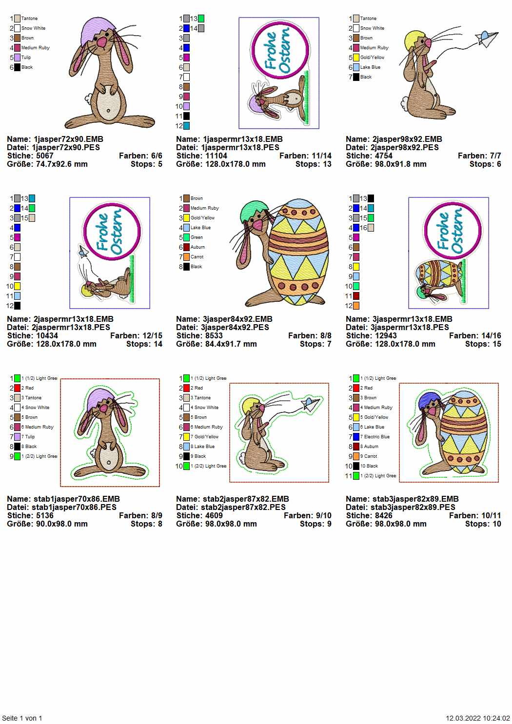 Stickdatei Set Hase Jasper ITH MugRugs inkl. Stabdeko + Einzelmotive